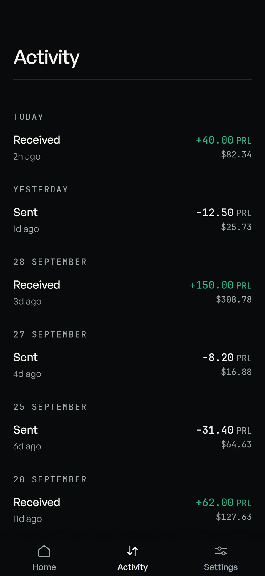 The Pearl Safe activity list: payments grouped by day, each showing the amount in PRL and in dollars, then one opening into its detail screen.