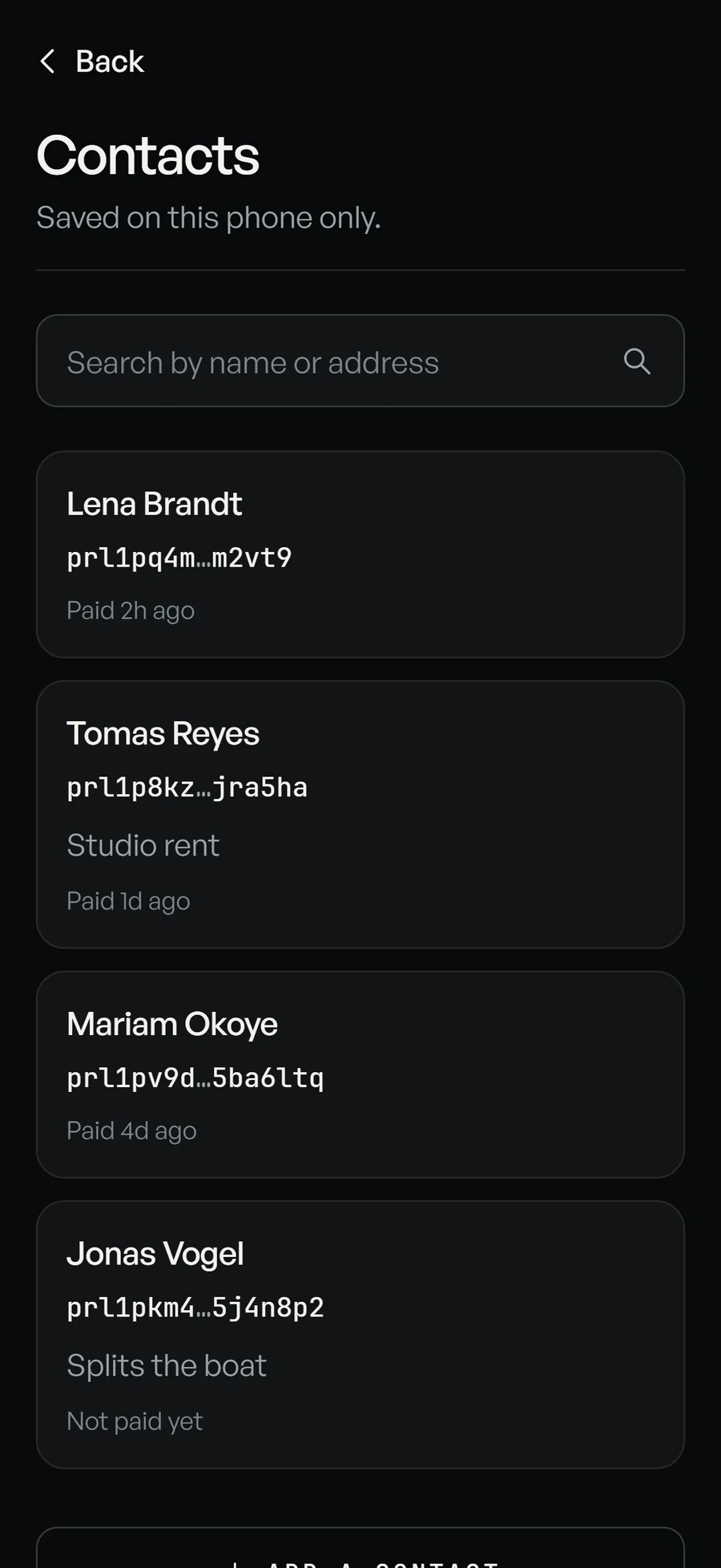 The Pearl Safe contacts screen: saved people with shortened addresses and when each was last paid.