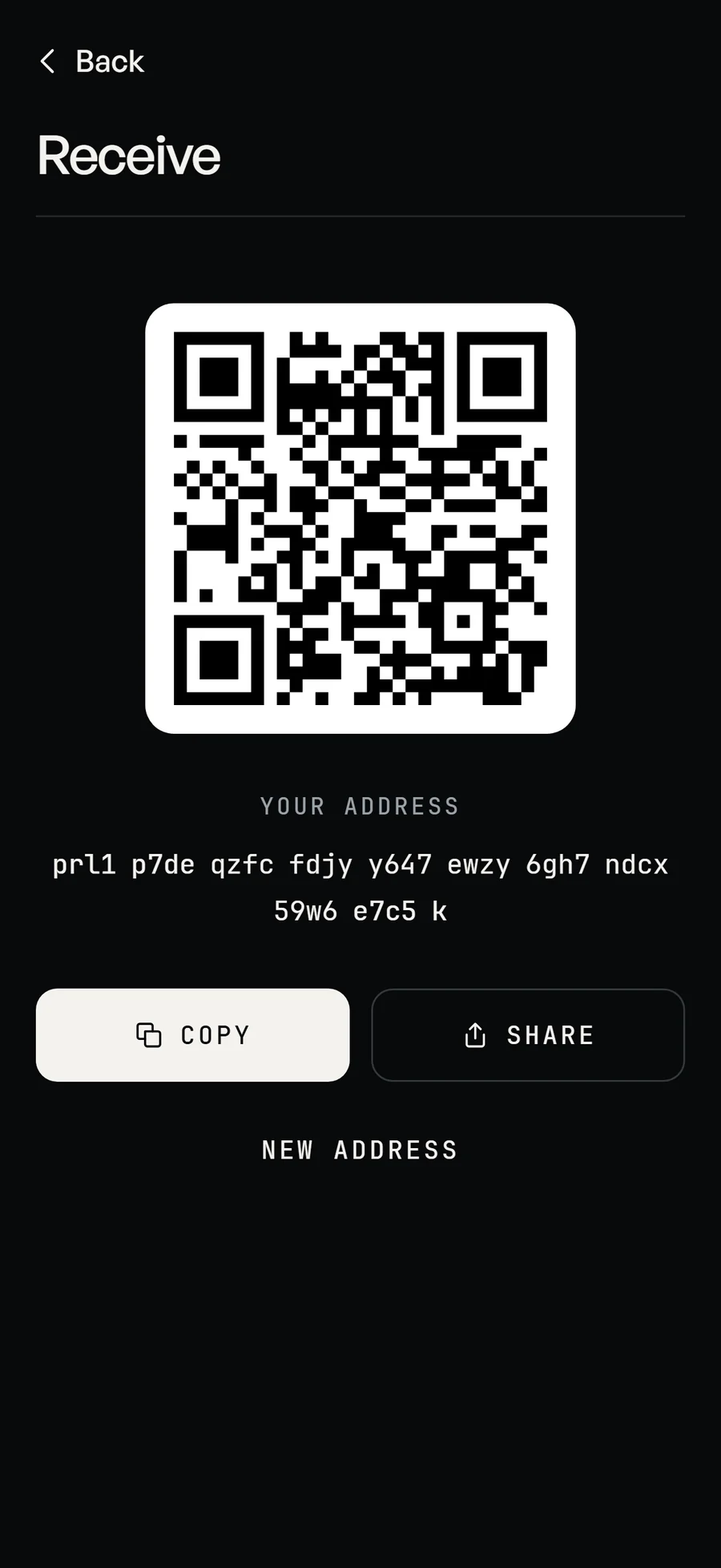 The Pearl Safe receive screen: a QR code drawing in above a Pearl address, with Copy and Share side by side and New address beneath; a Copied confirmation after Copy is tapped, then the share sheet.